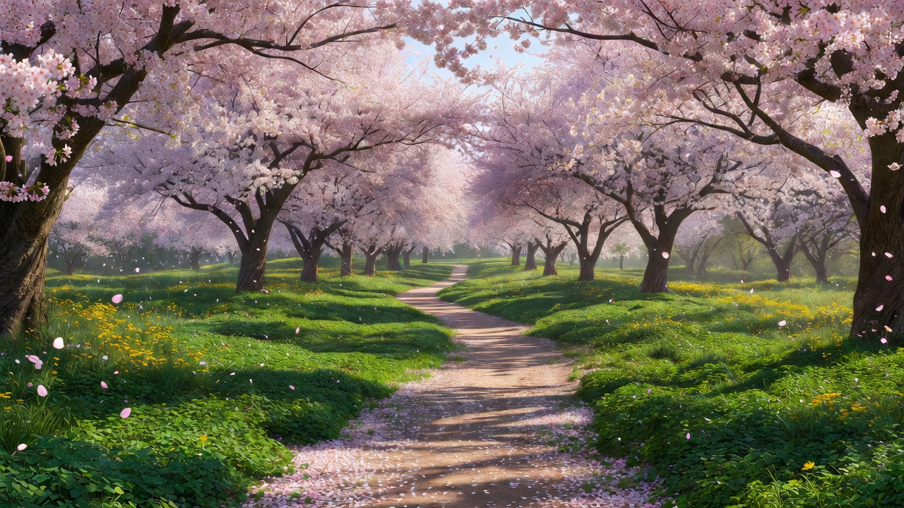 桜の花びらが舞う春の小径